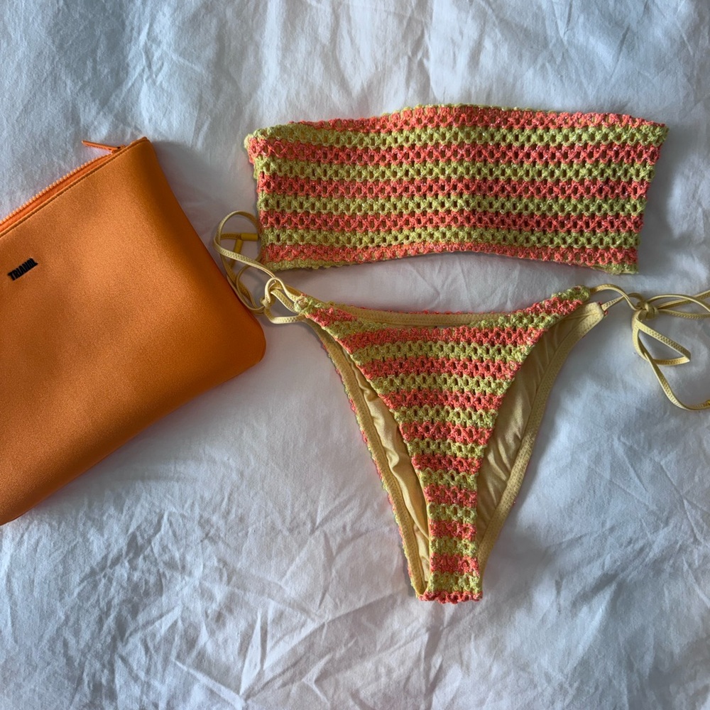 Rare triangl Kaya orange yellow sparkle crochet S++ top L bottoms bandeau bikini
